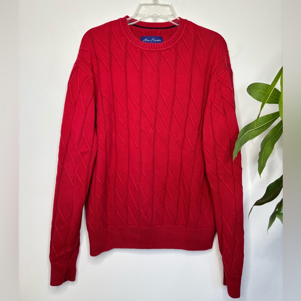 BN12 Alan‎ Flusser Cable Knit Sweater Red 100% Cotton Crewneck Academia Preppy